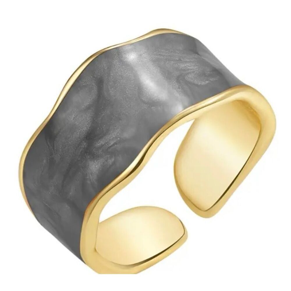 NWT Y2K Gray Drip Glaze Wavy Gold Rimmed Adjustable Ring